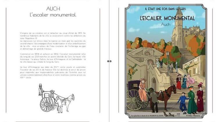 La page du livre représentant l'escalier monumental d'Auch avec calèche et promeneurs du 19e siècle, et quelques explications sur l'autre page